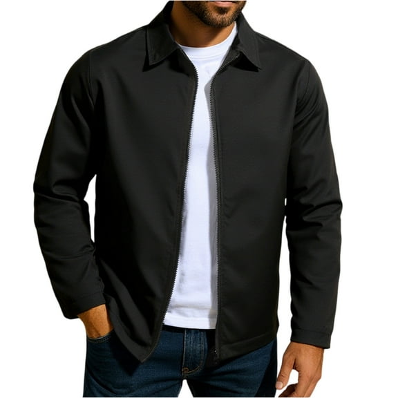 WTOBBY Men's Business Jacket with Lapel Zip, Solid Color Slim Fit Polyester Blend, Smart-Casual for Work and Commute, Lightweight and Durable for Professional Settings,Black L