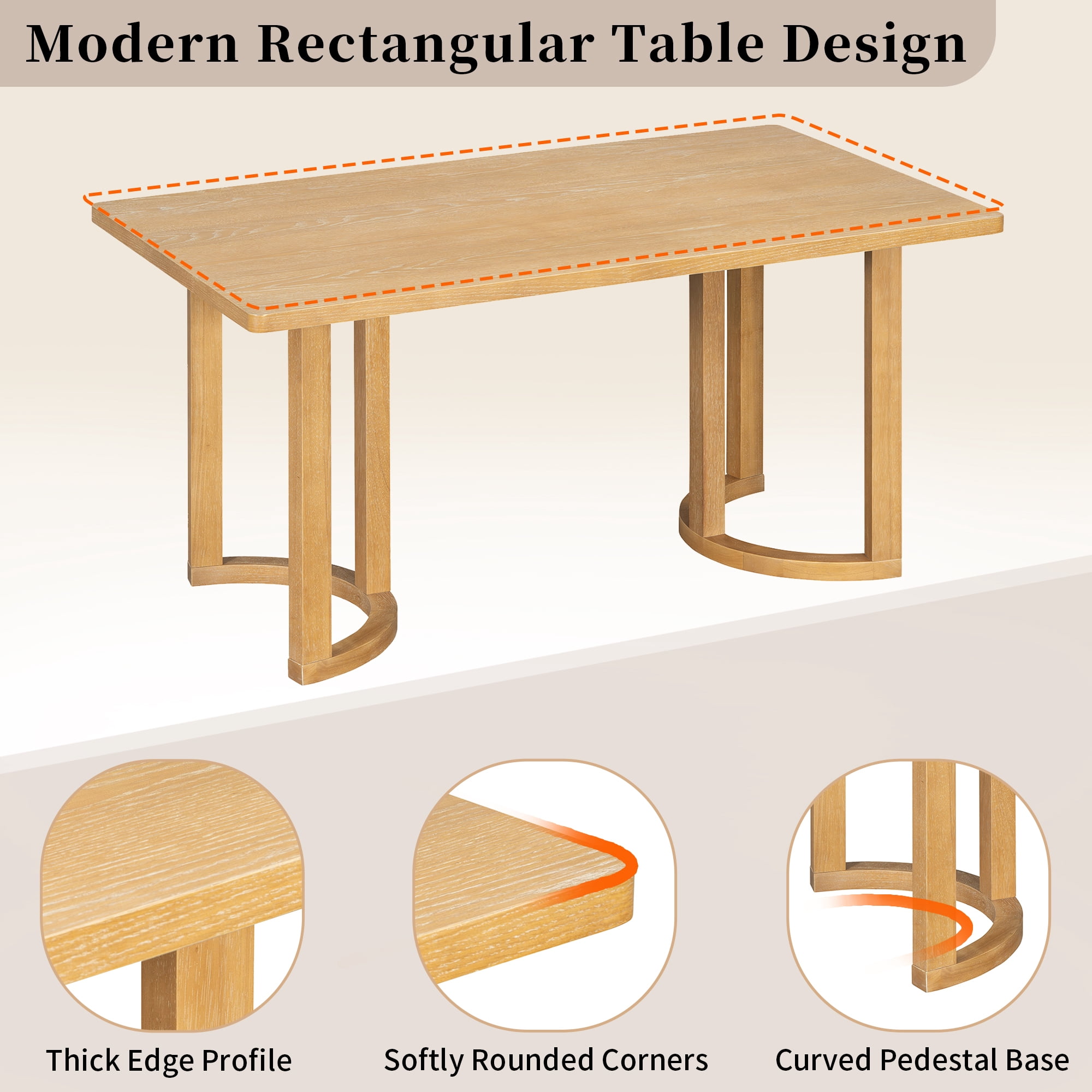 Euroco 7 Piece Dining Table Set for 6, Kitchen Dining Room Furniture with 6 Upholstered Curved Back Chairs, 59" Rectangular Kitchen Table Set for Apartment Small Space,Natural