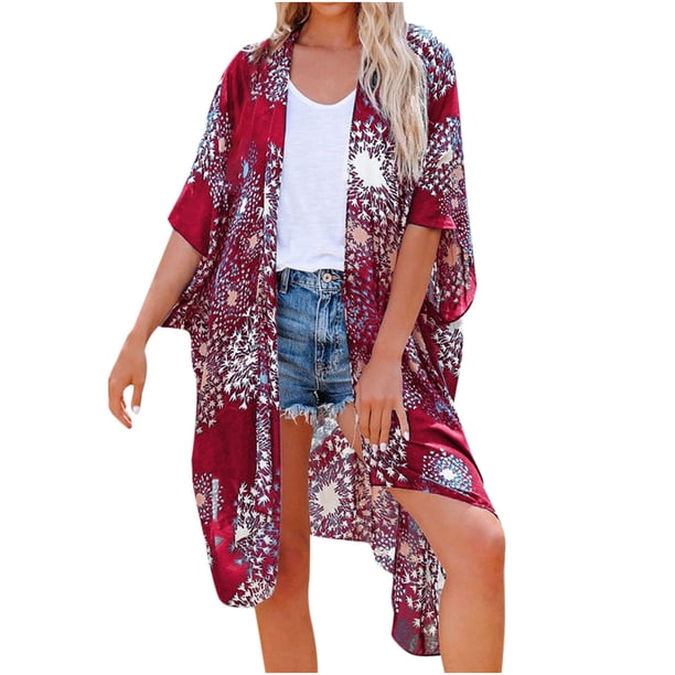 Mujer Chifón Estampado Floral Playa Casual 1/2 Manga Lose Mid-Length Cardigan Split Fork Cover Up Odeerbi ODB-6