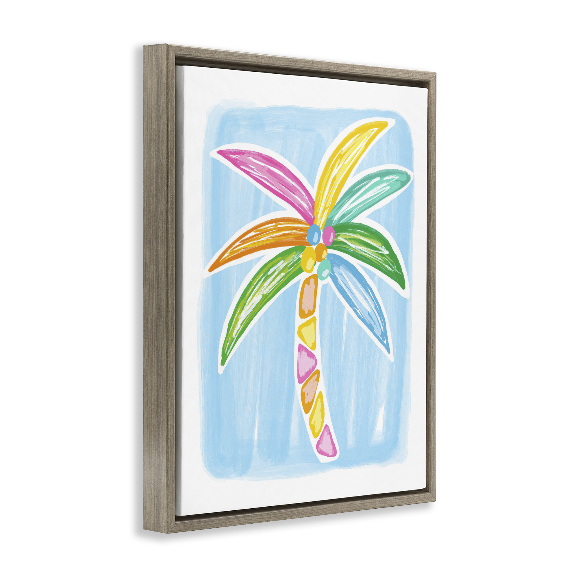 Stupell Industries Pastel Palm on Blue Botanical & Floral Painting Brown Floater Framed Canvas Art Print Wall Art, 17 x 21