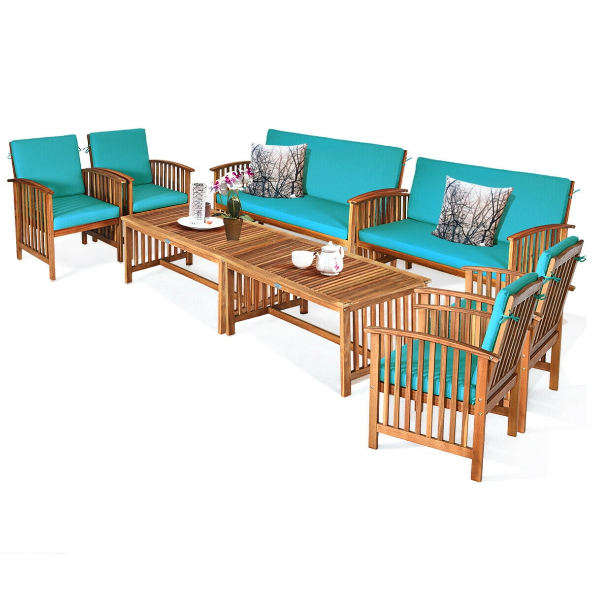 Gymax 8PCS Wooden Patio Conversation Set Outdoor Furniture Set w/ Cushions Turquoise