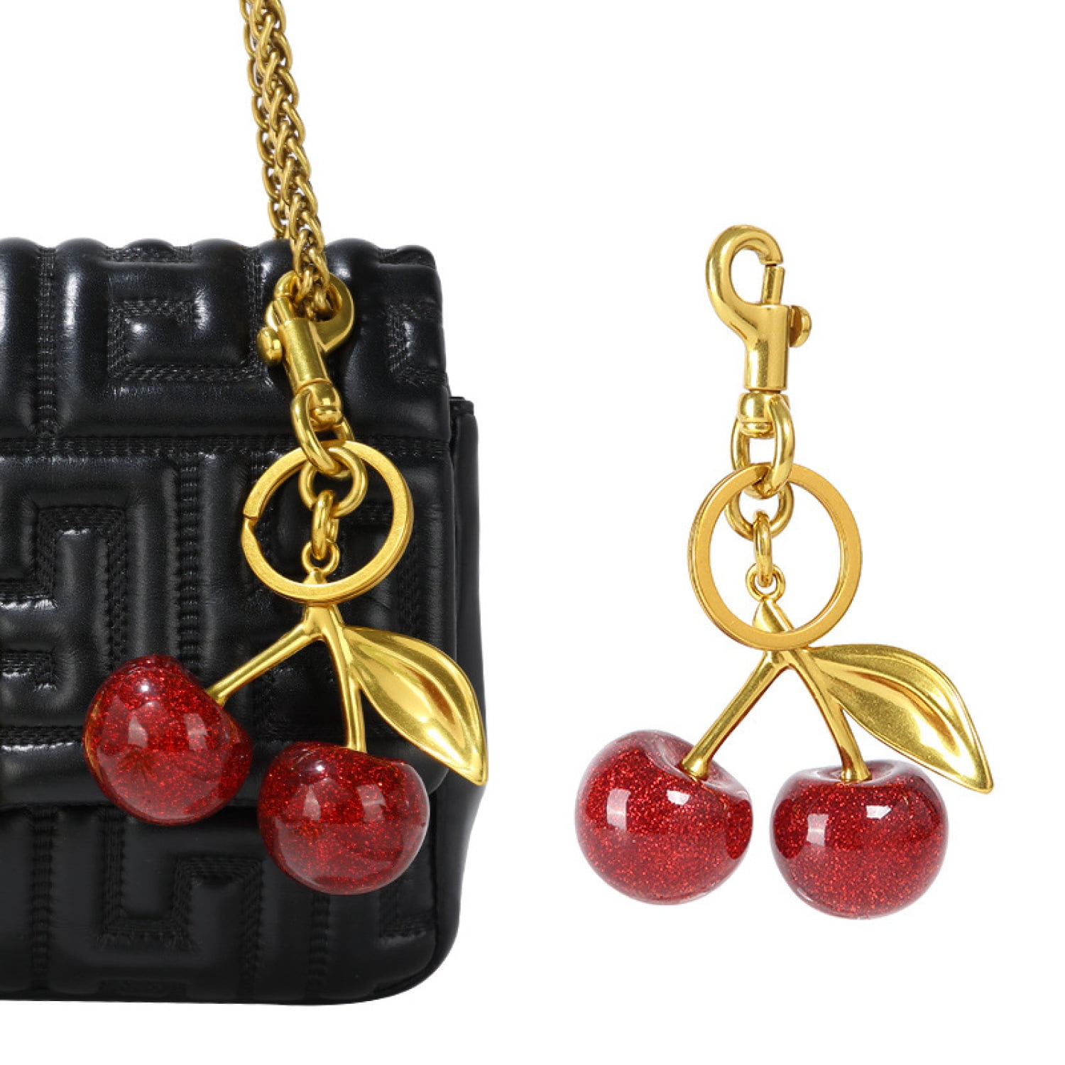 Cute Cherry Bag Charm for Purses and Bags,Fashionable Red and Gold Cherry Keyring,Keychain Decoration,5,5,Red