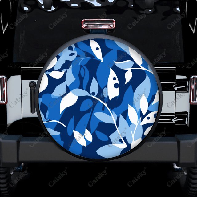 Abstract Modern Blue Leaves Pattern Polyester Universal Spare Wheel Tire Cover Wheel Covers for Trailer RV SUV Truck Camper