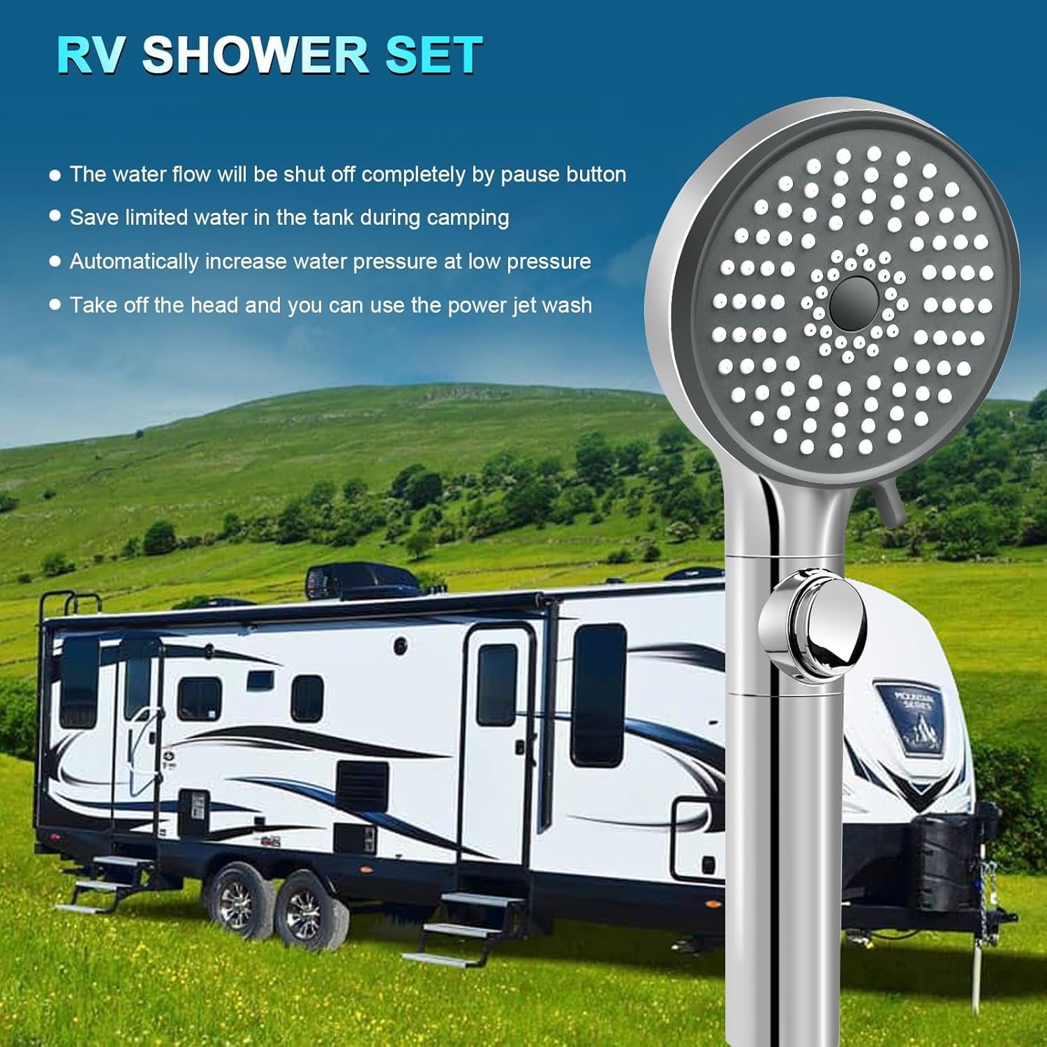 SONGAUN RV Shower Head with Hose, High Pressure 5 Mode Shower head Replacement, Shower Head for RV/Campers, Travel Trailer, Motorhome for Water Saving