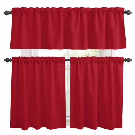 Pure Red Kitchen Curtains Sets for Windows 24 Inch Length, Simple Solid Color Rod Pocket Window Treatments Tier Curtains and Valances Set for Bedroom/Bathroom