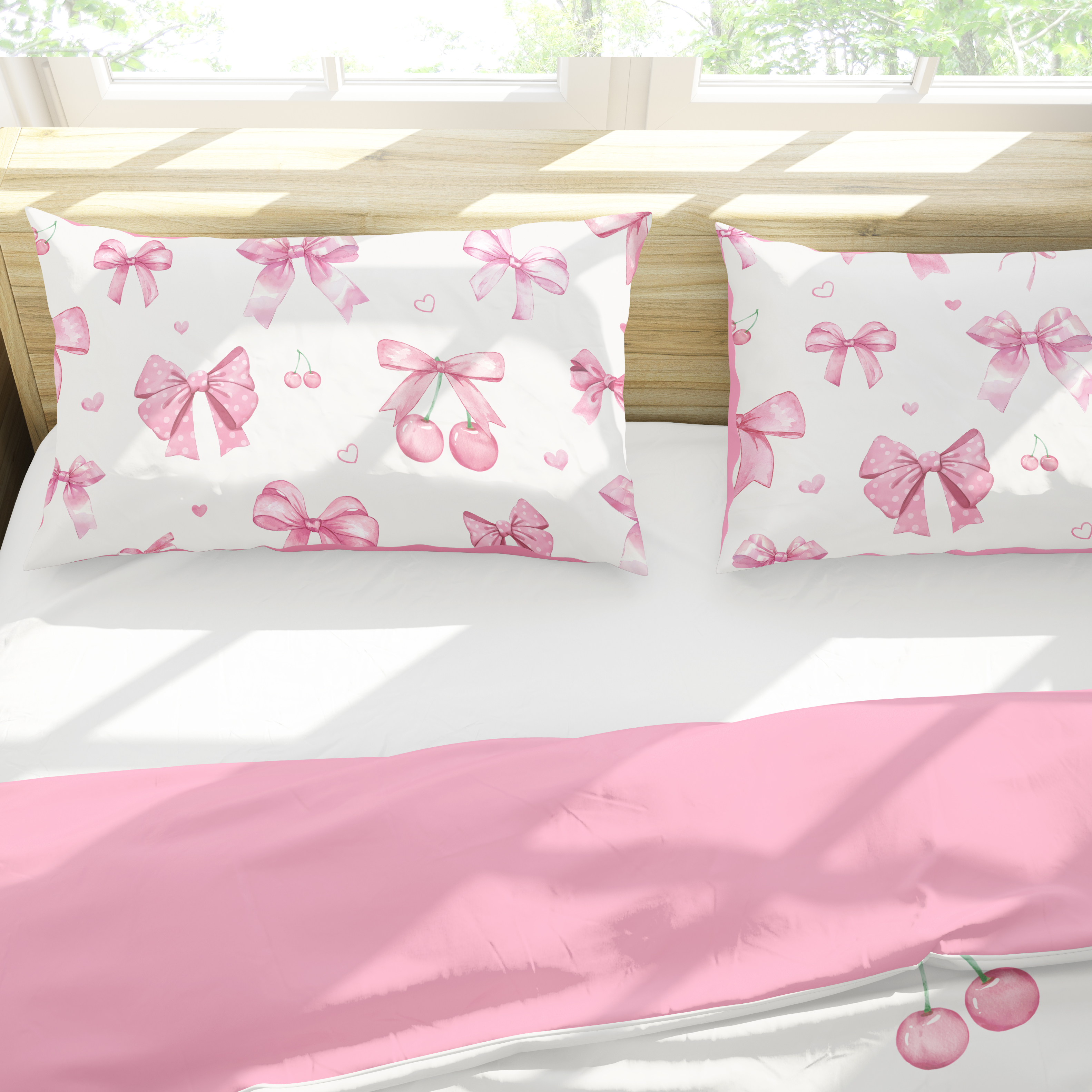 JJCOITR Twin-Size Pink Bedding Set with Cherry & Bowknot Pattern, Cheerful Design, Suitable for Boys, Girls & Teens (Including Quilt)