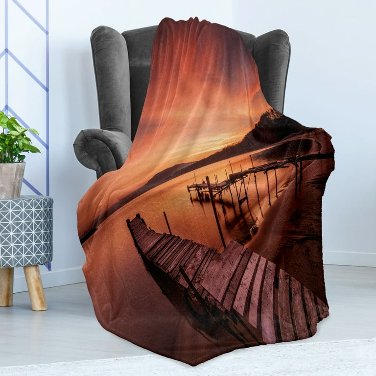 Orange Soft Flannel Fleece Throw Blanket Old Rustic Pier on the