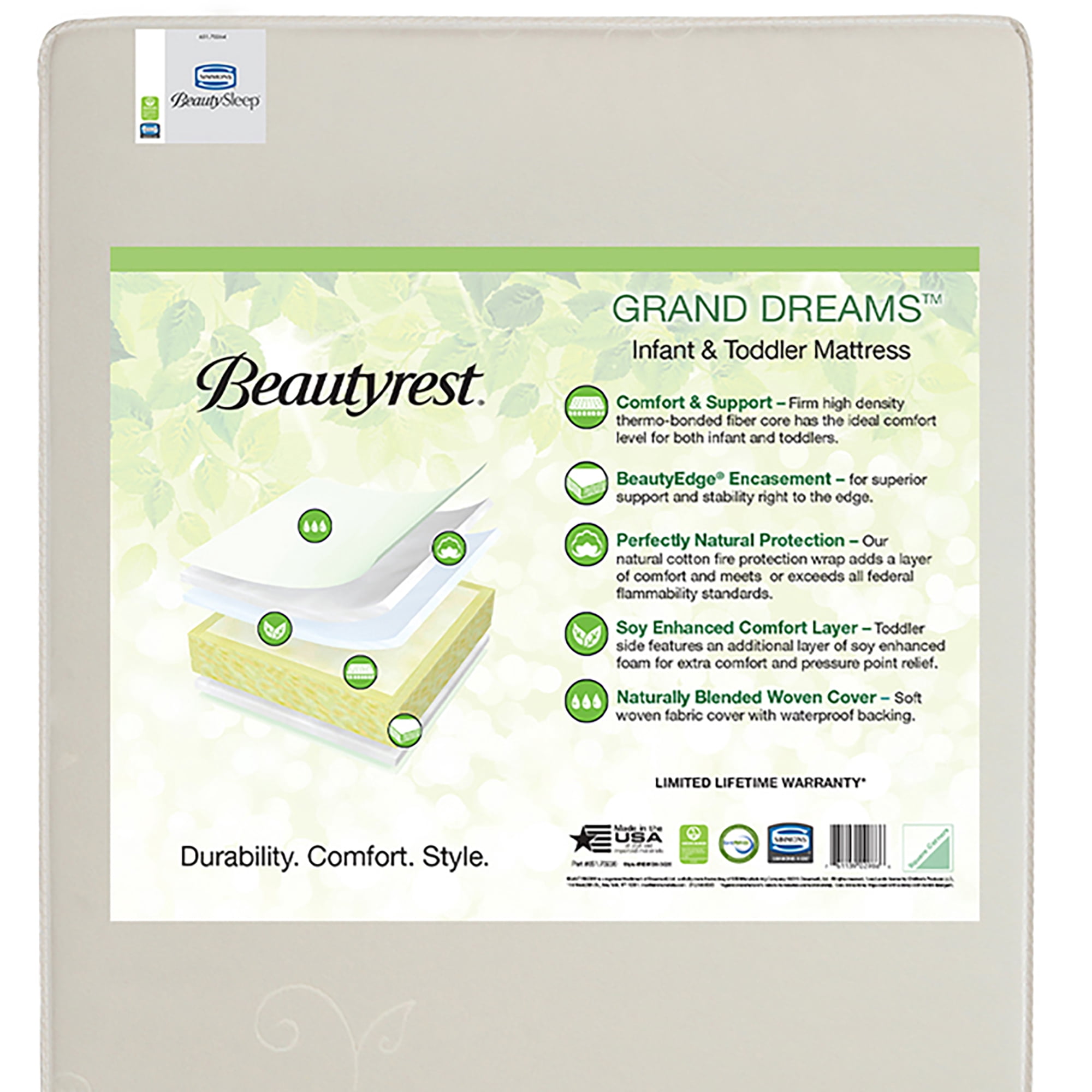 Beautyrest Studio Grand Dreams 5.25-inch 2-Stage Crib and Toddler Crib Mattress - Sustainably Sourced Fiber Core/Plant-Based Soy Foam - Waterproof - GREENGUARD Gold Certified - Lifetime Warranty