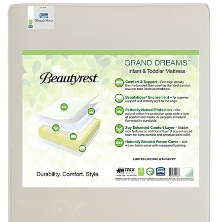 Beautyrest Studio Grand Dreams 5.25-inch 2-Stage Crib and Toddler Crib Mattress - Sustainably Sourced Fiber Core/Plant-Based Soy Foam - Waterproof - GREENGUARD Gold Certified - Lifetime Warranty