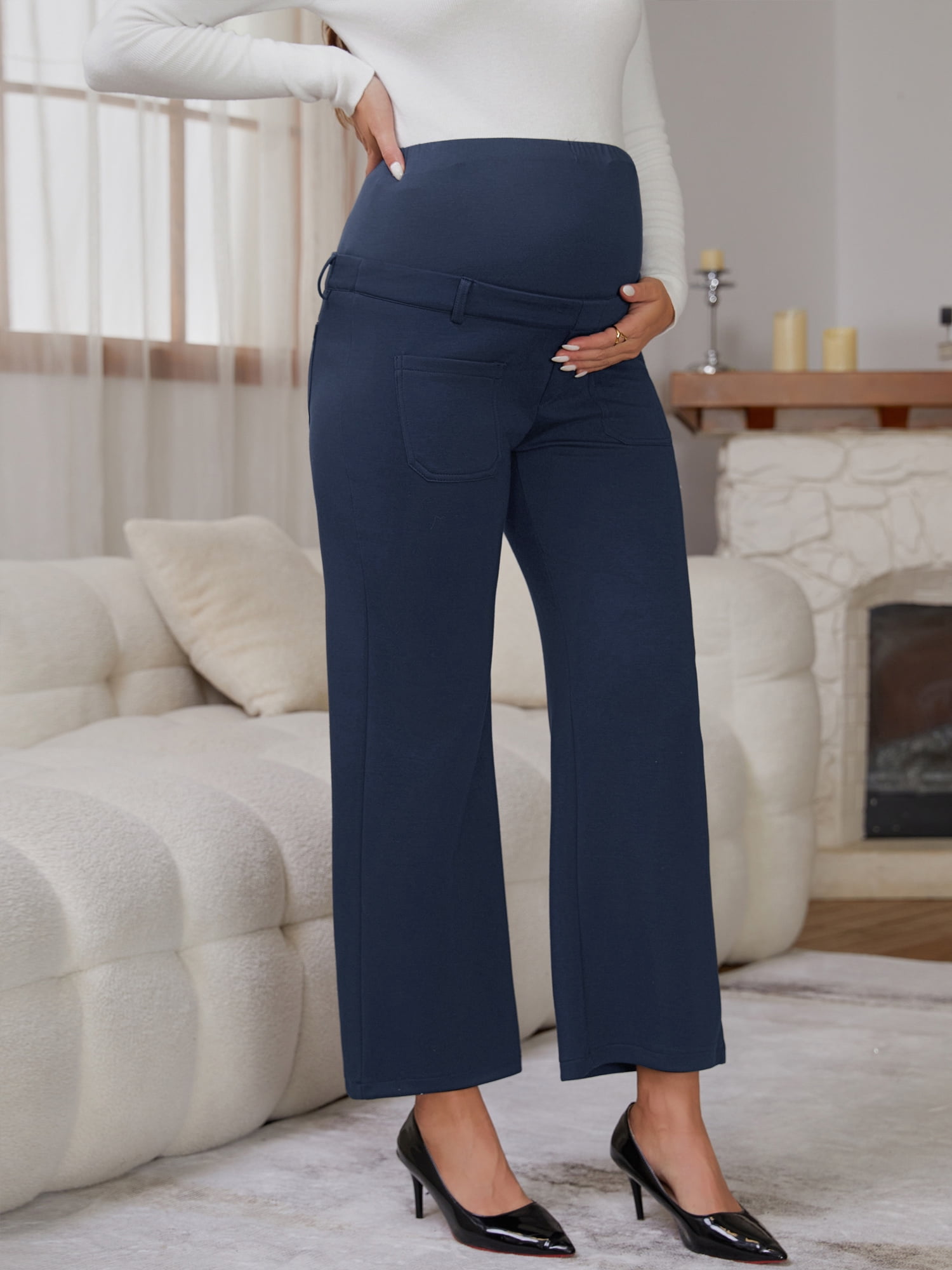 DARING DIVA Women's Maternity Pants Straight Leg Over the Belly Office Trousers M Blue