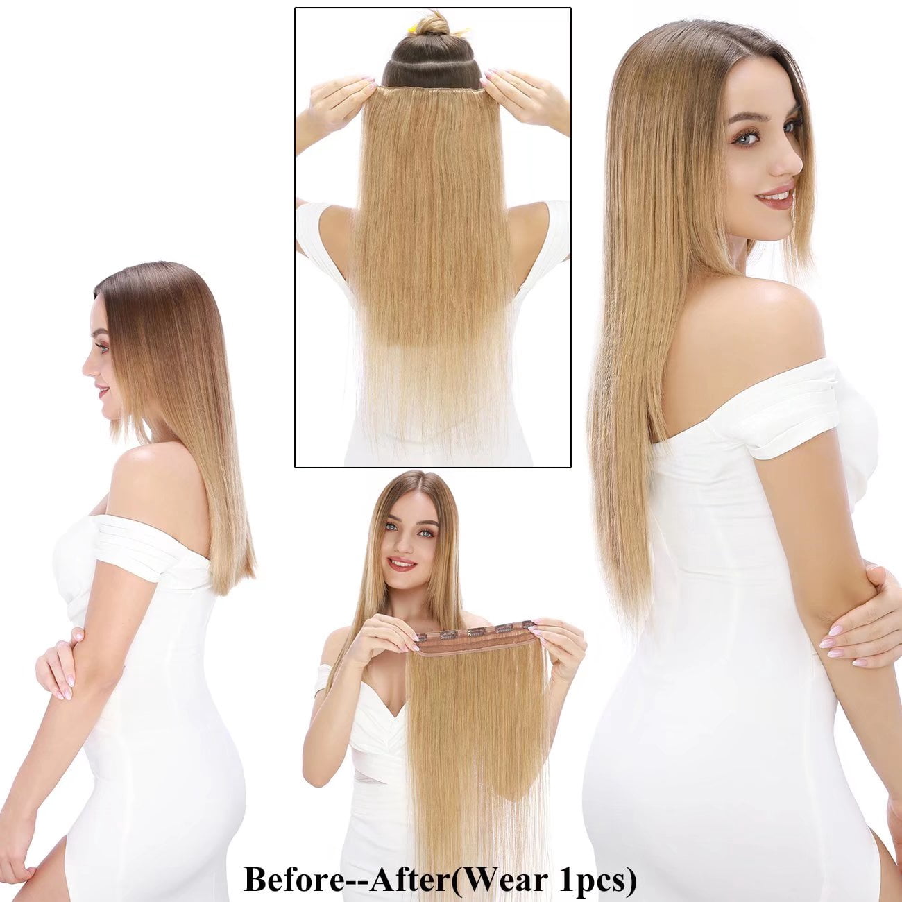 SEGO Blonde Clip in Human Hair Extensions Balayage One Piece Soft Straight 3/4 Full Head Hair Pieces for Women