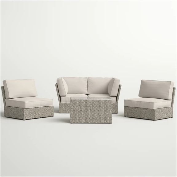 JERFIT 5-Piece Outdoor Patio Furniture Set with Cushions, Fully Assembled Grey Rattan Sectional Sofa & Glass Top Coffee Table for 4