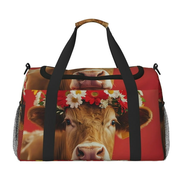 Fotbe White And Red Daisy Cow Bolsa de Viaje con Estampado, Bolsa de Fin de Semana para Mujer con Compartimento para Zapatos, Bolsa de Gimnasio con Bolsillo Húmedo