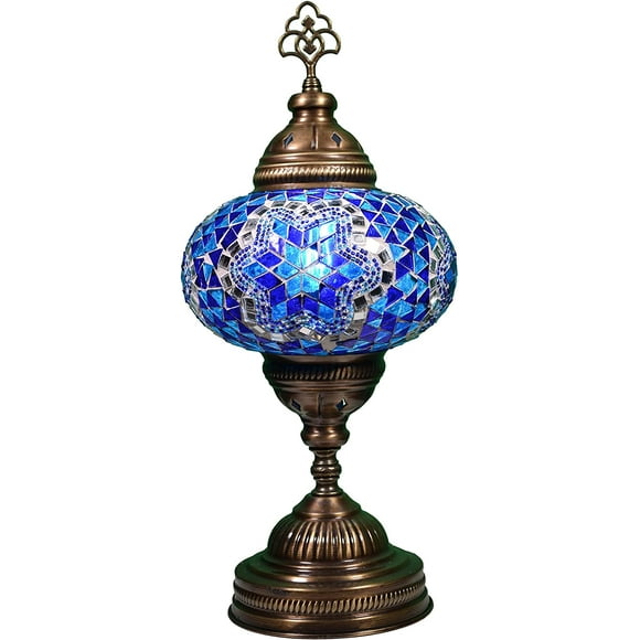 KusKuus Handmade Turkish Lamp, Decorative Moroccan Lamp, Mosaic Boho Bedside Night Lamp, Vintage Mosaic Table Lamp Stained Glass Globe and Brass Colored Base with 8W LED Bulb and US Plug BSC5