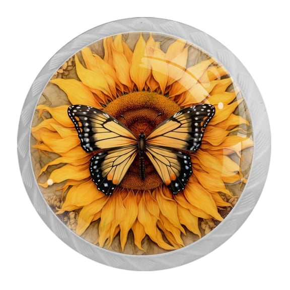 HemaKayy 4 Pack 1.37" Decorative Cabinet Knobs - Elegant Door Handles for Home Kitchen Bedroom Furniture Decor | ABS Resin with Glass Finish | Easy Installation | Sunflower and Yellow Butterfly