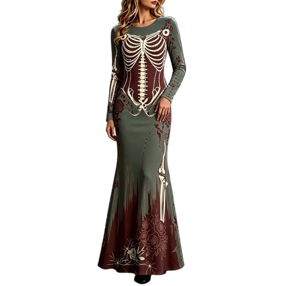 Xijirk Women Halloween Skeleton Rose Printed Maxi Dress Long Sleeve Crewneck Fitted Floor Length Outfit for Evening Party Themed Occasion,XL