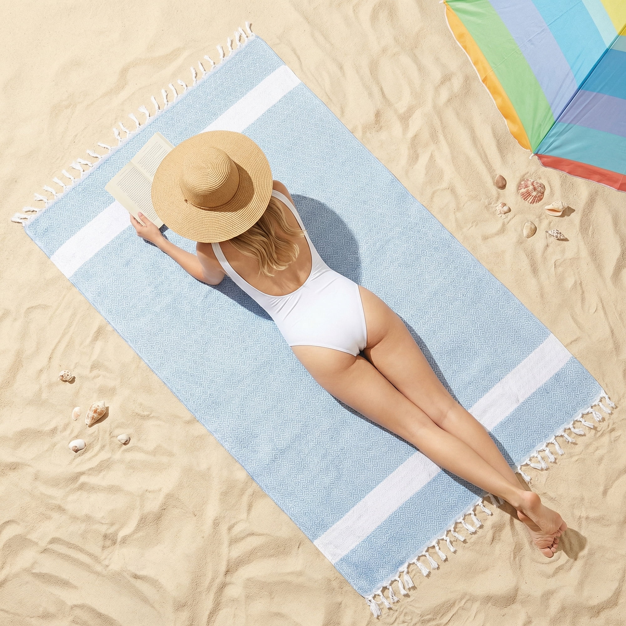 Unique Bargains Geometric Sandproof Turkish Beach Towel Mint Green/Dark Green 71"x40"