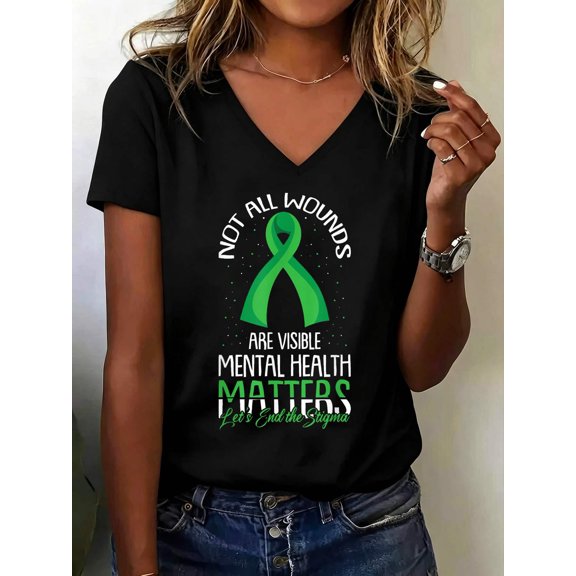 Not All Wounds are Visible Mental Health Awareness V Neck T-Shirt Cotton Women's V Neck Graphic Tee, Casual Short Sleeve Shirt,Vacation Outfit