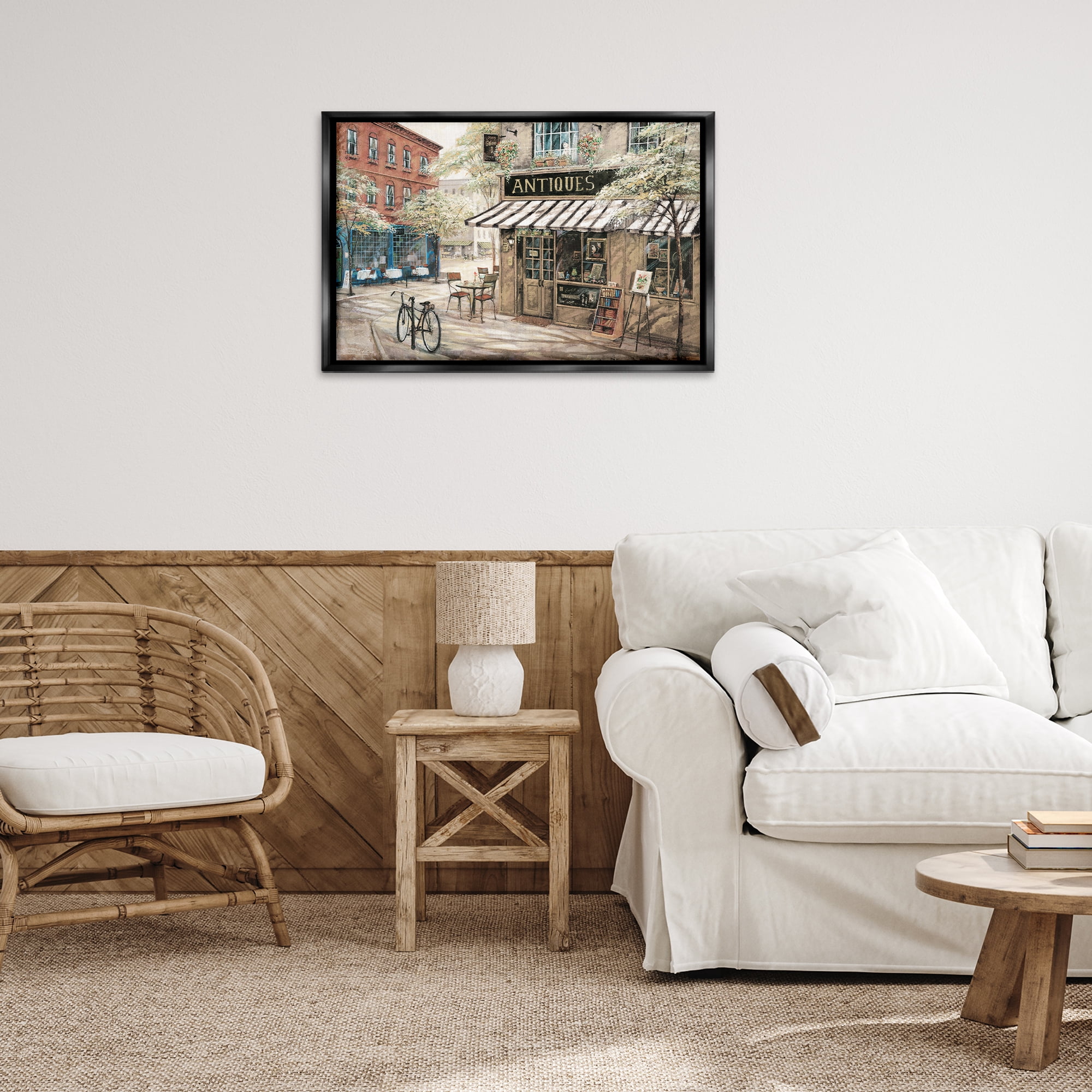 Stupell Industries Cozy Town Antiques Shop Scenic & Cityscapes Painting Black Floater Framed Canvas Art Print Wall Art, 31 x 21