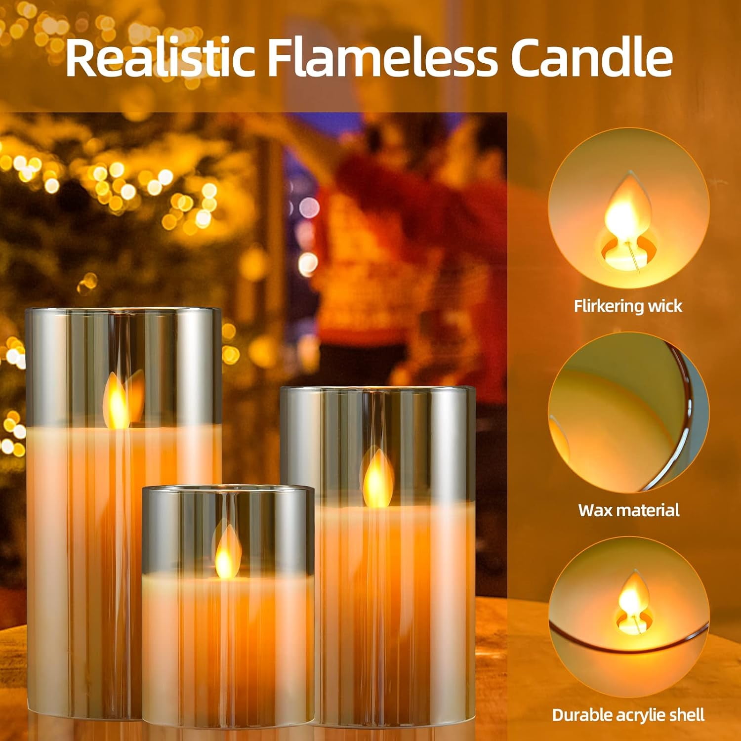 Cimetech Flickering Flameless Candles Set of 3, 3D Wick Acrylic Electric Fake Candles,Easter Decor, Battery Operated with Remote and Timer-Gold 4''x5''x6''