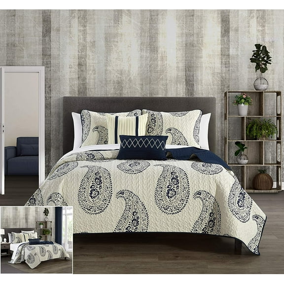 Chic Home Safira 7 Piece Quilt Set Contemporary Two-Tone Paisley Print Bed in A Bag - Sheet Set Decorative Pillows Sham Included, Twin XL, Navy