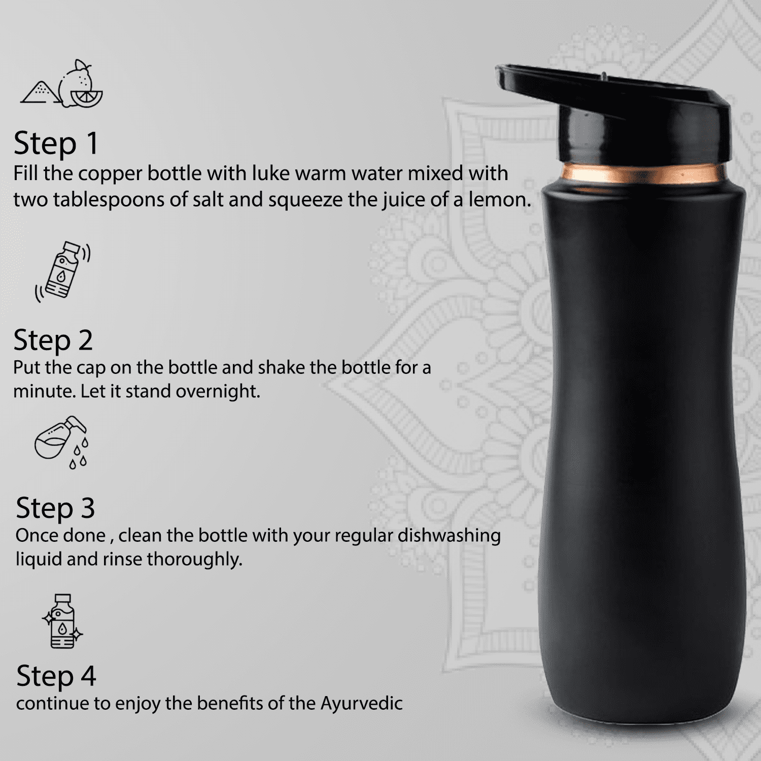 Perilla Home 100% Black Pure Copper Bottle with Sipper & Lid 25.37 oz Ayurvedic Bottle with Leak Proof Contains Health Benefits for Drinking Water For Men Women Gym Yoga Indoor Outdoor Office