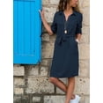 thumbnail image 3 of Sonducket Vestido de camisa de mujer Botón Vestido de manga larga Cintura con cordones Ropa Prendas para la parte del cuerpo Azul oscuro S, 3 of 5