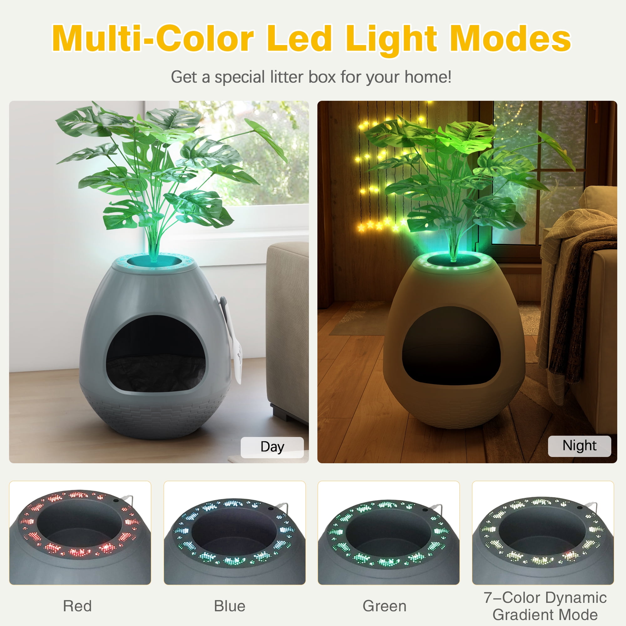 Jaxpety Smart Plant Cat Litter Box,Hidden Cat Litter Box with Deodorization System, Exhaust Fan,Light, Scoop, Artificial Plants for Apartments and Offices Living Room Bedroom