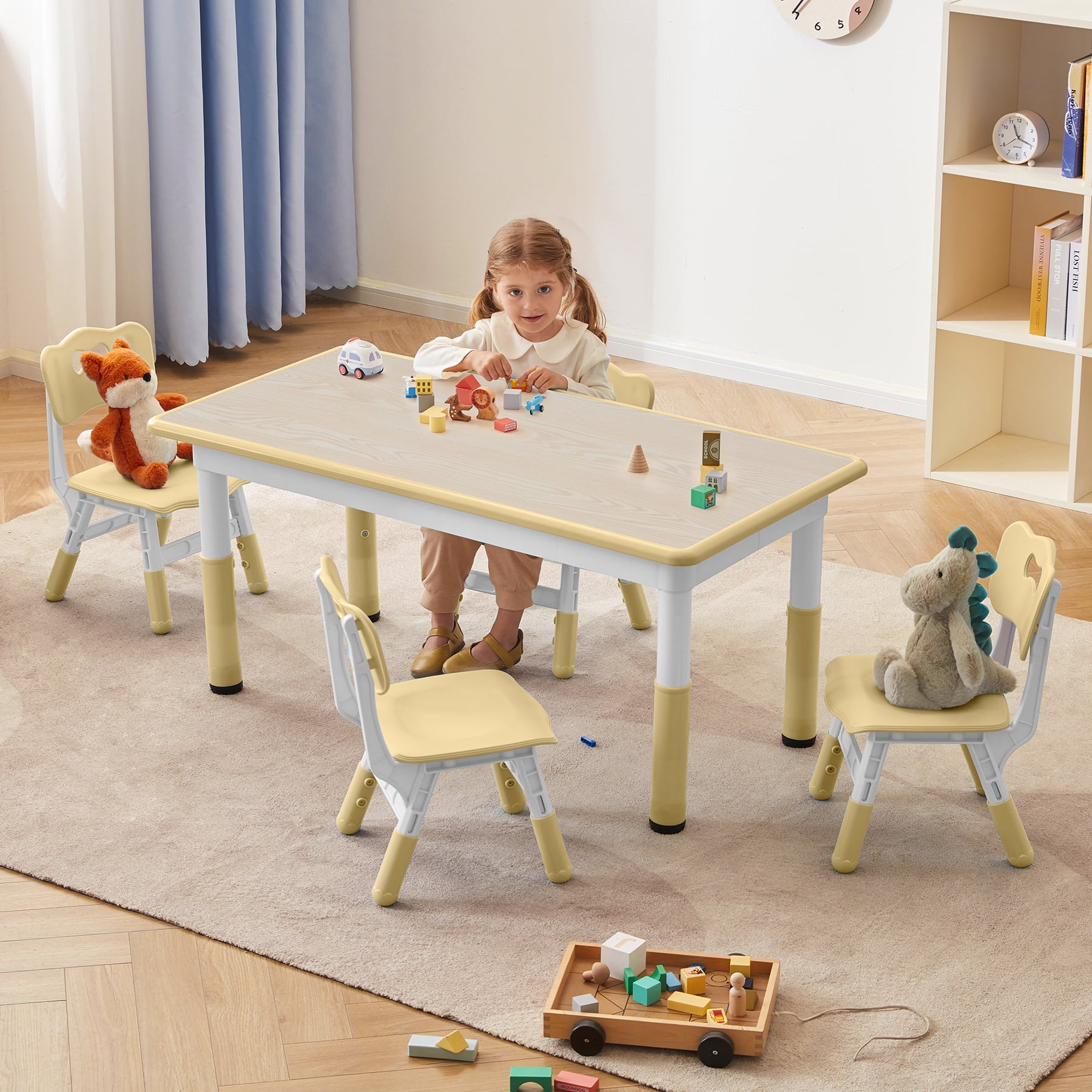 DOREROOM Toddler Table and Chairs Set for 4, 47.2''L x 23.6''W Kids Study Table and Chair Set, Height-Adjustable, Graffiti Desktop, Children Activity Table for Daycare, Classroom, Home