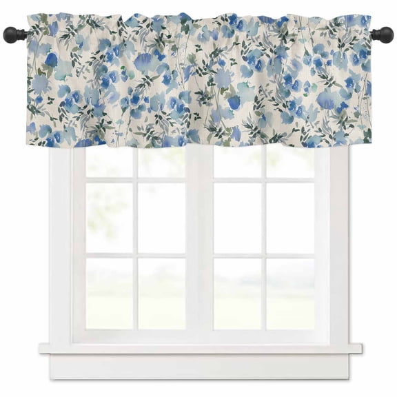 Vintage Blue Flower Valances for Windows Farmhouse Kitchen Curtains Valances Rod Pocket Valance Curtains for Kitchen Windows Farmhouse Botanical Floral Retro Window Valances for Bathroom 54"x18"