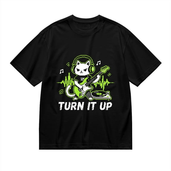 T Shirt for Men, Turn It Up,Cat Guitar Print, Vintage Graphic Tees Men, 23985877,S