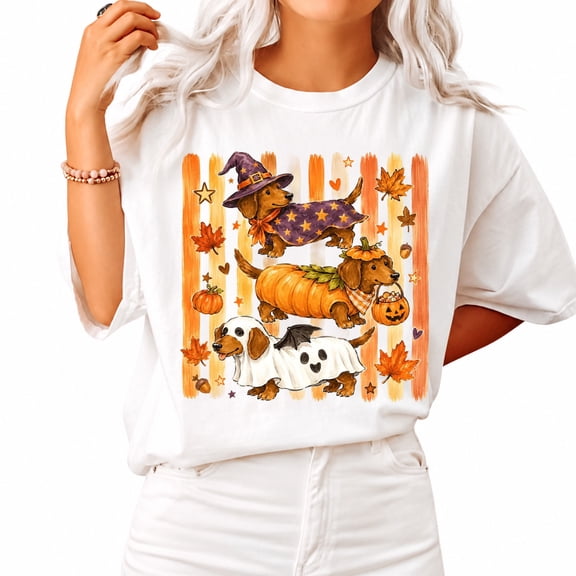 Cute Dachshund Halloween T-Shirt for Men and Women, Funny Wiener Dog Ghost Tee, Sizes S-5XL