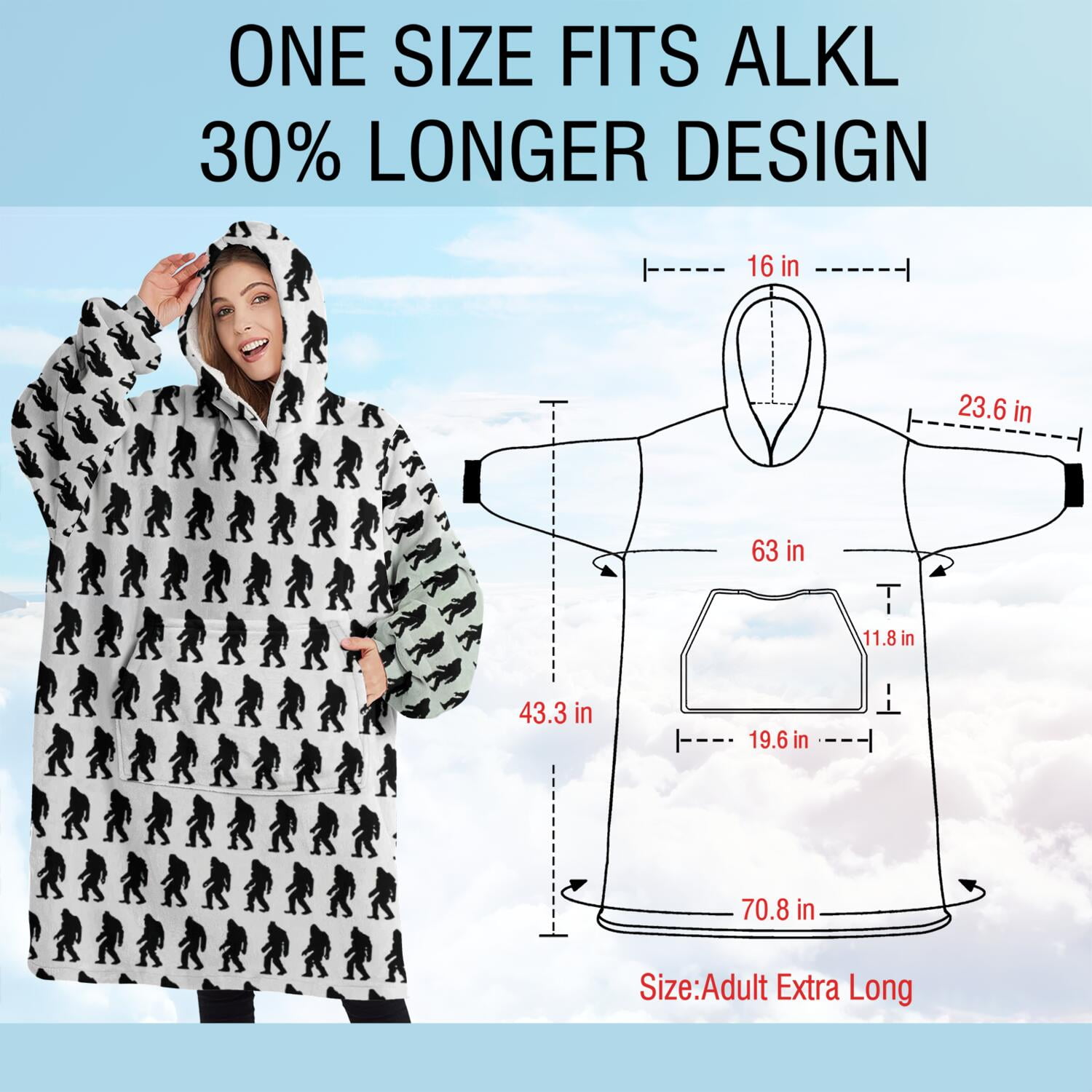 Oversized Wearable Blanket Hoodie,Black Bigfoot Pattern Sherpa Blanket Hoodie with Super Pockets,Super Warm Fuzzy Pullover for Women & Men