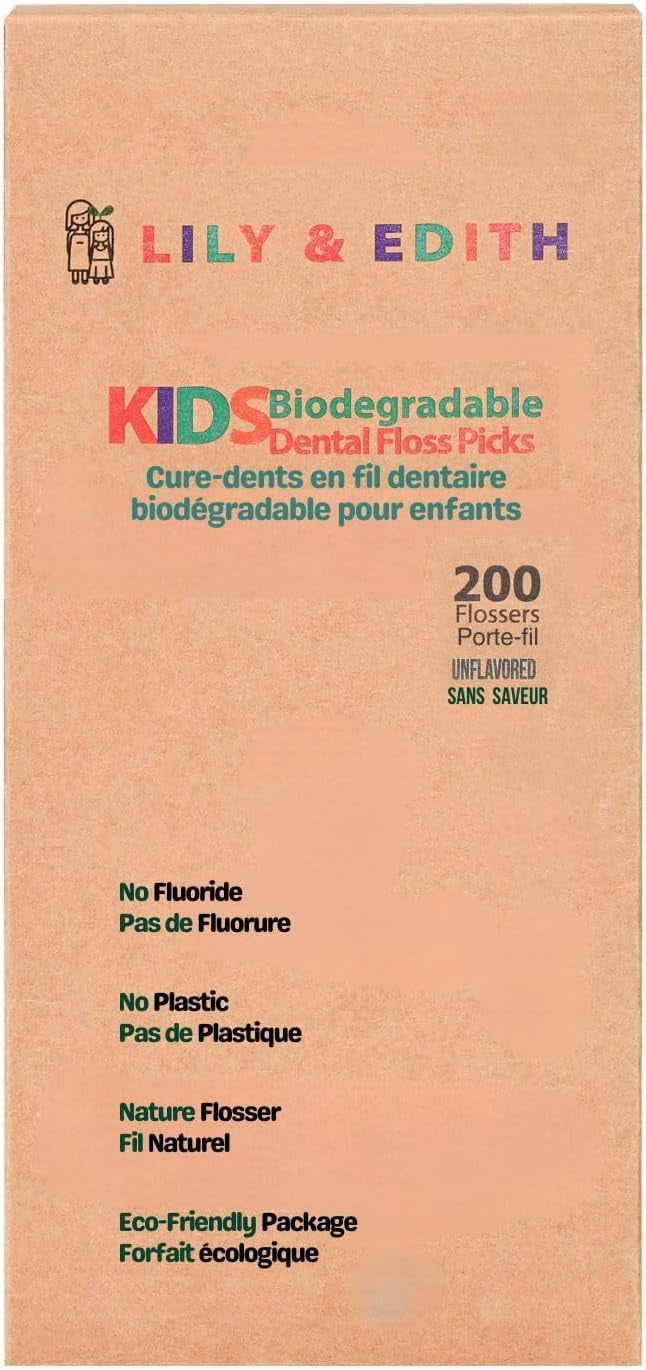 Kids Biodegradable Dental Floss Picks 200 Counts, Fluoride Free, Plant Based Material, Fun Animal Flossing Sticks, Ultra Sturdy Thread, Zero Waste Package (Unflavored)