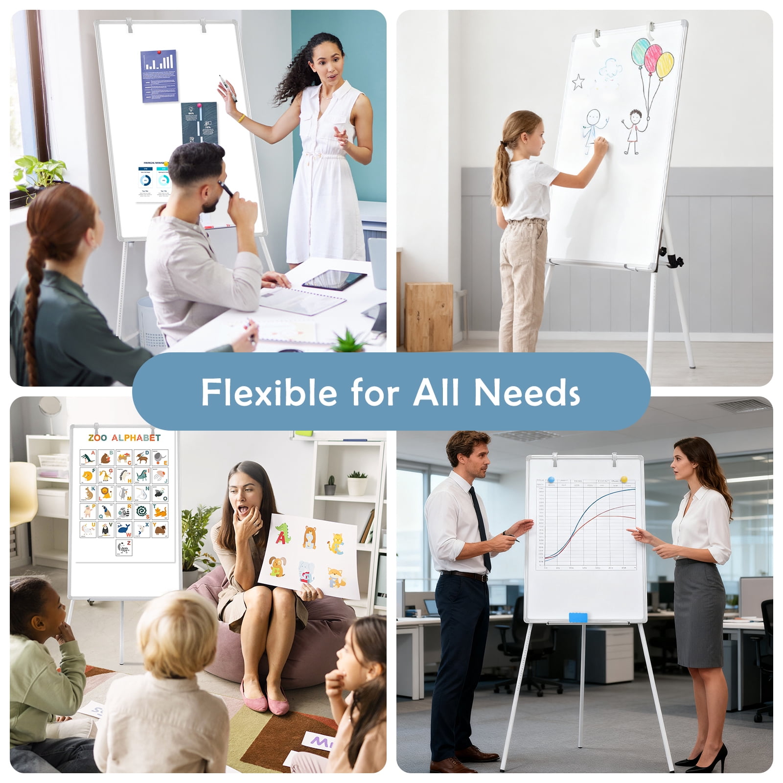 QUEENLINK Easel Whiteboard Magnetic Portable Dry Erase Whiteboard 36 x 24 Tripod Height Adjustable, Flipchart Easel Stand White Board for Office or Teaching at Home & Classroom, Sliver