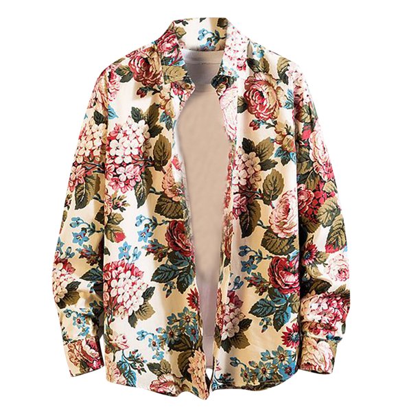 Blusa de camisa de manga larga con solapa de moda informal con patrón estampado para hombre Pompotops oipoqjl28322
