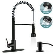 GPED Kitchen Faucet, Kitchen Sink Faucet with Soap Dispenser & Pull Down Sprayer, SUS304 Stainless Steel, Commercial Single Handle Kitchen Faucet with Deck Plate for Laundry Utility Rv,Matte Black