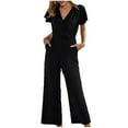 thumbnail image 2 of Gaecuw Jumpsuits for Women Casual Plus Size Romper for Women Short Sleeve Overall V Neck Band Collar Solid Onesie One Piece Outfits Casual Loose Baggy Long Pants Wide Leg Summer Romper Ankle Length, 2 of 8