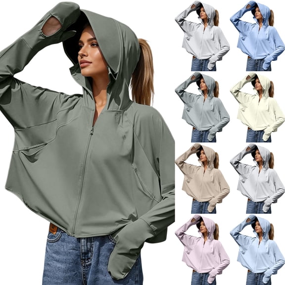 Women's Cropped UPF50 Sun Protection Jacket, Ice Silk Hooded Long Sleeve with Thumb Holes, Summer Cycling Hiking Outdoor Wear Army Green One Size