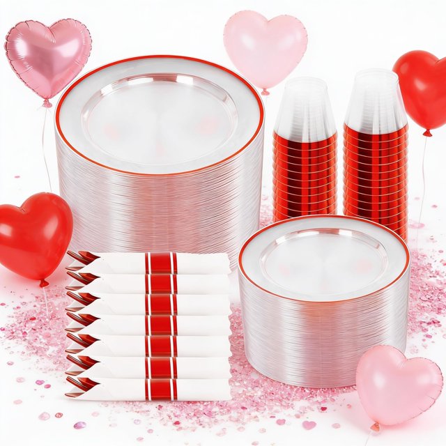 SUT 350 Pcs Red and Clear Plastic Dinnerware Set for 50 Guests, Include: 50 Dinner Plates, 50 Dessert Plates, 50 Pre Rolled Napkins With Silverware,