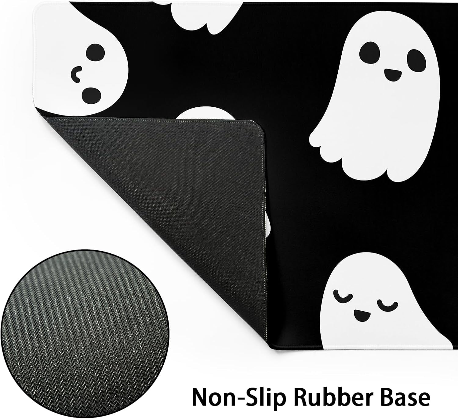Halloween Cute Ghost Mouse Pad Large Cartoon Spooky Funny Spirit Extended Desk Mat Non-Slip Rubber Base Stitched Edge Large XL Black White Mousepad for Desk Gaming Laptop Desktop,24x14 Inch
