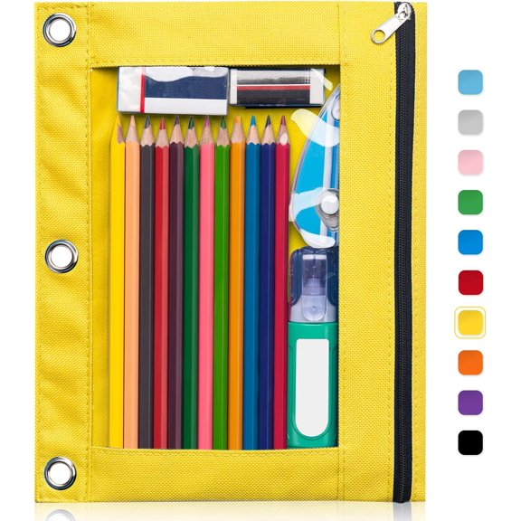 2Pcs Pencil Pouch for 3 Ring Binder, Binder Pencil Case with Smooth Zipper, Clear Window Pencil Case for Binder, Big Capacity 3 Ring Binder Pencil Bag with 3 Reinforced Grommets
