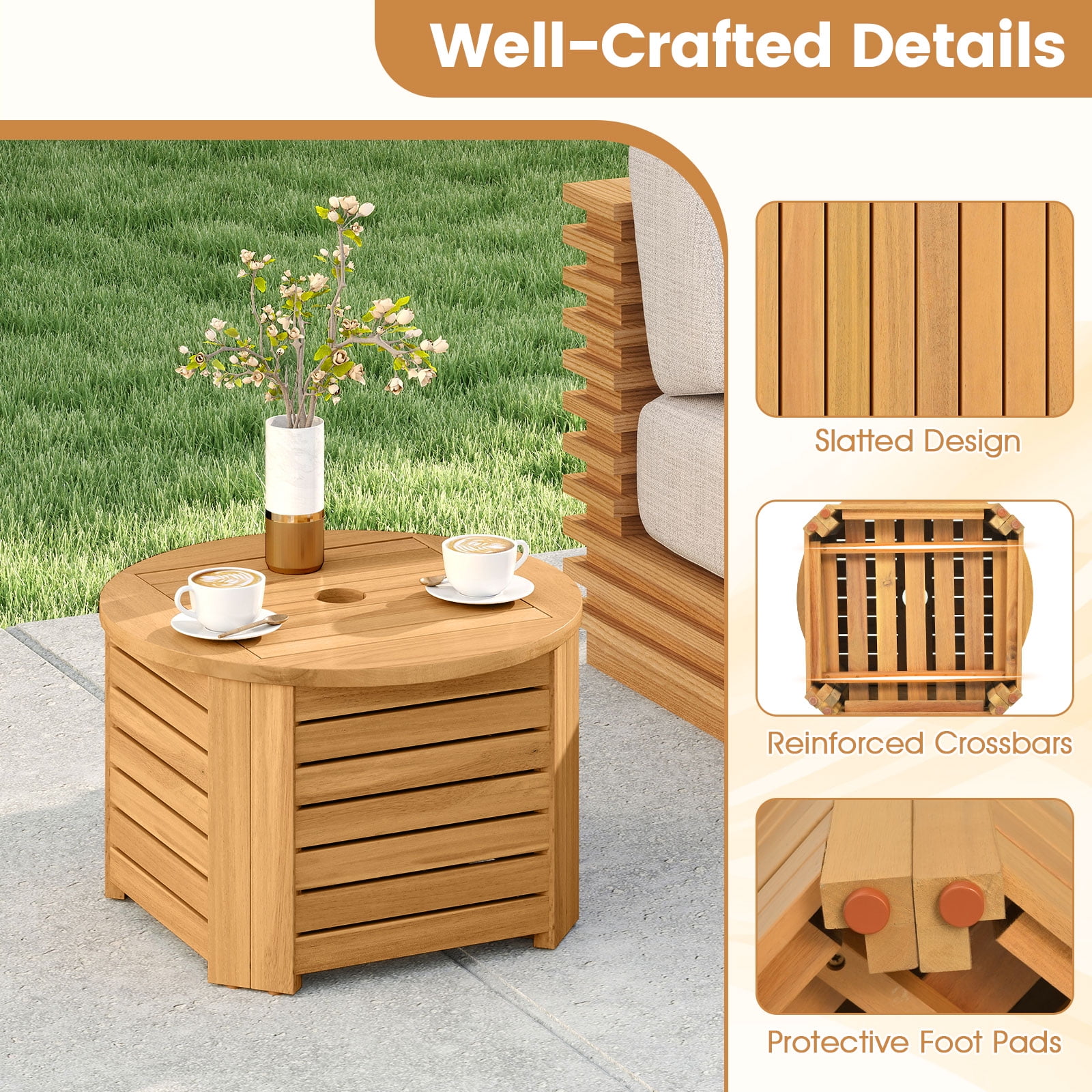Gymax 2-in-1 Outdoor Side Table w/Storage Umbrella Hole & Removable Base for Backyard