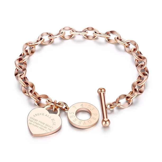 Pulsera de eslabones grabados de acero inoxidable con hebilla OT para mujeres y niñas