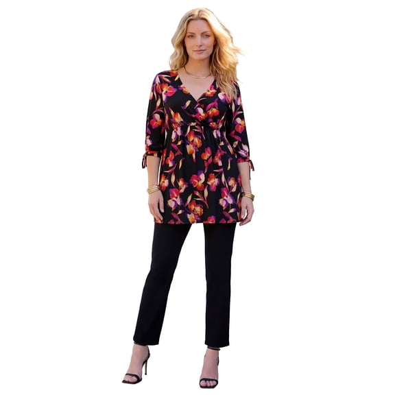 Roaman's Women's Plus Size Surplice Three-Quarter Sleeve A-Line Tunic