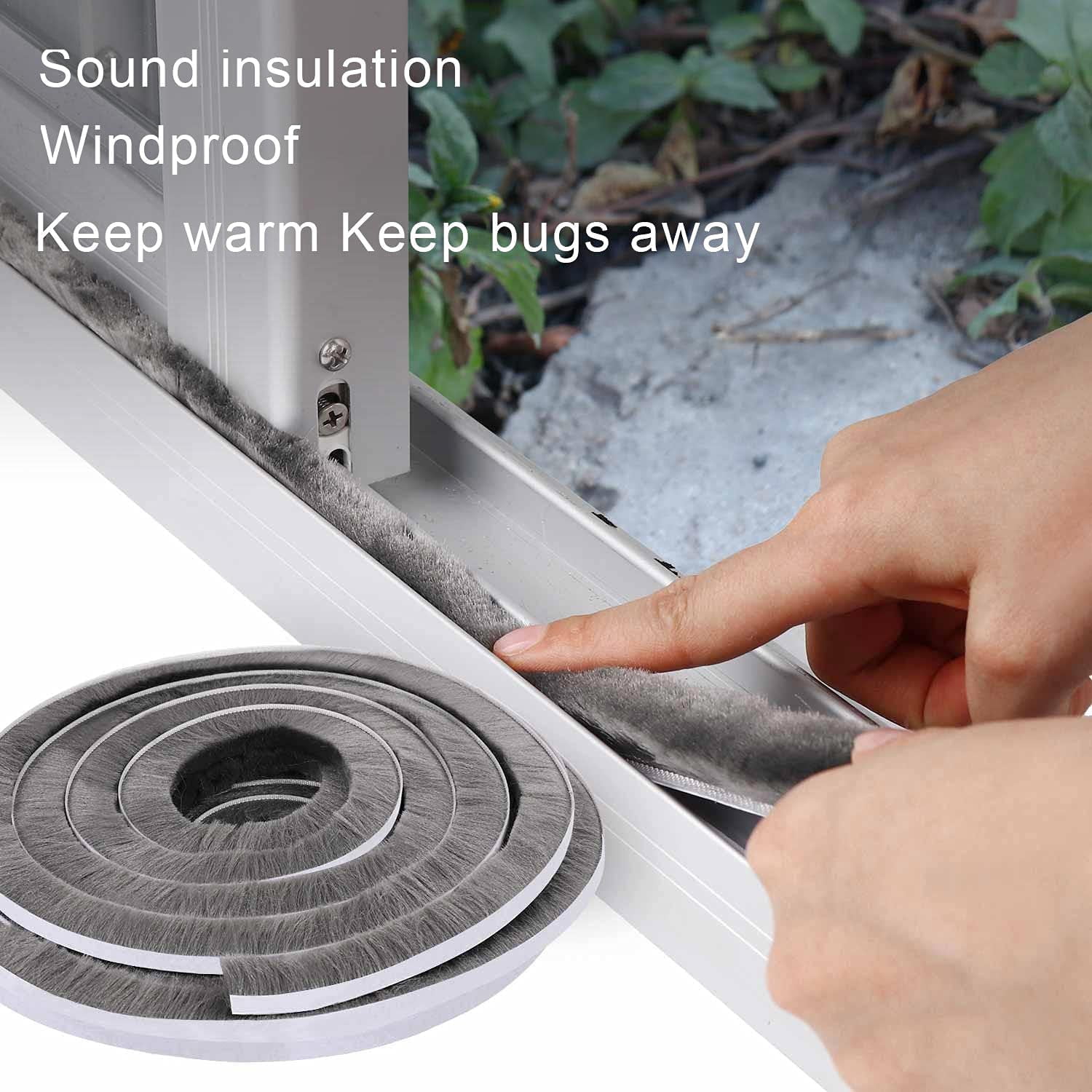 Door Brush Seal 33Feet Felt Pile Weather Stripping for Doors Strip Windows Cabinet Self Adhesive Draft Blocker Dust Stopper Sliding Seal Winter Grey 10m