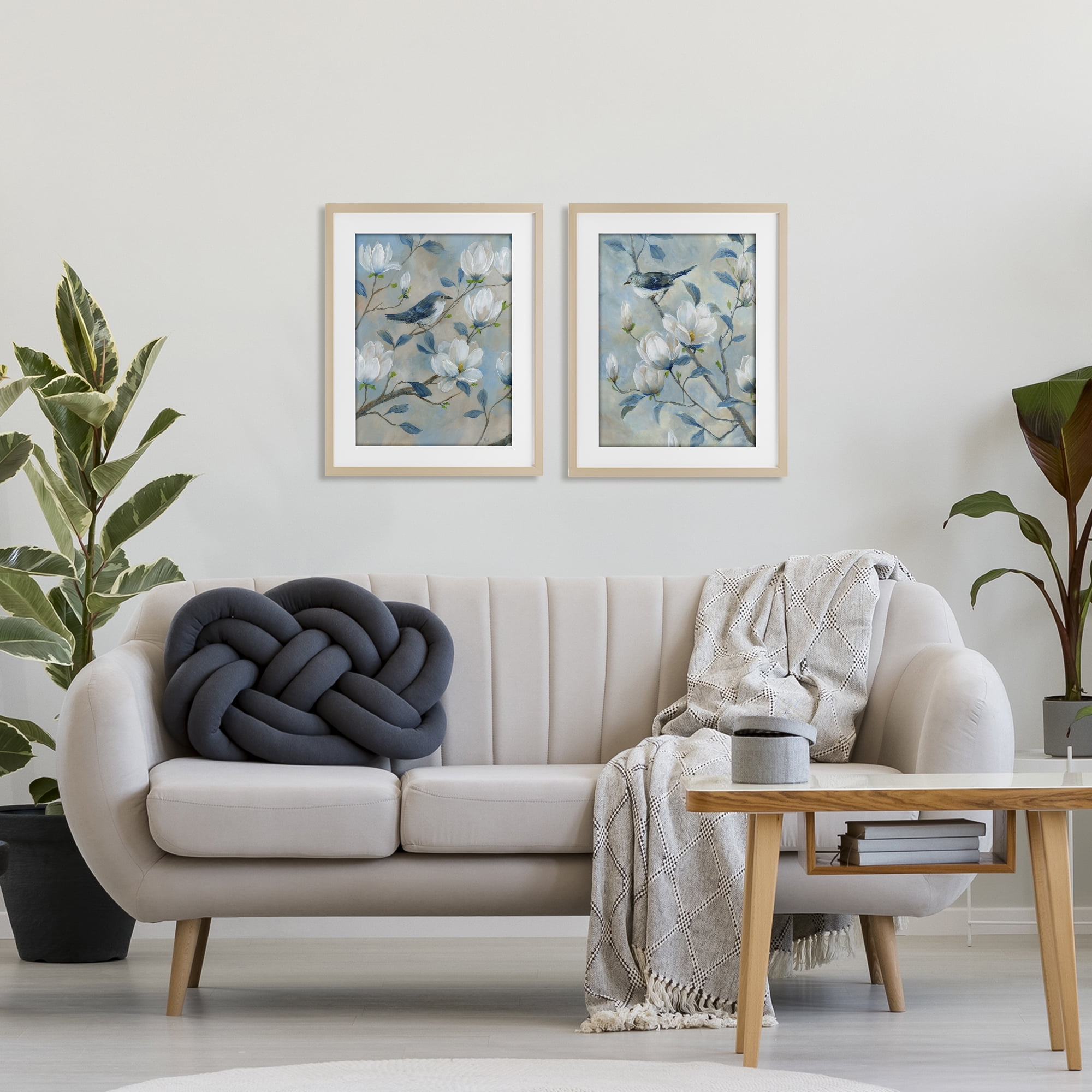 Stupell Industries Blue Birds in Magnolia Tree 2 Piece Birch Framed Print Under Glass Set, design by Nan