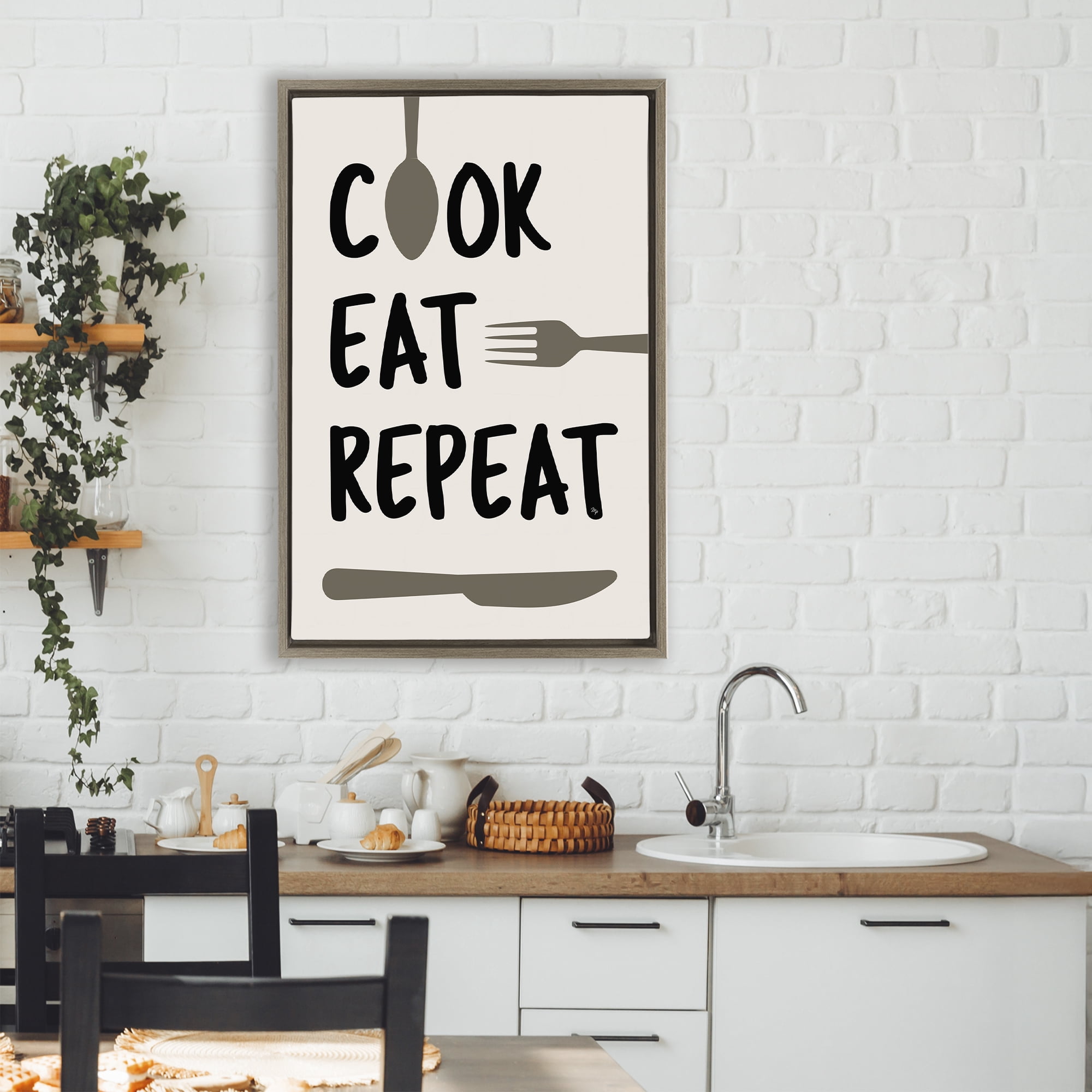 Stupell Industries Cook Eat Repeat with Utensils Brown Framed Floater Canvas Wall Art, design by Martina Pavlova