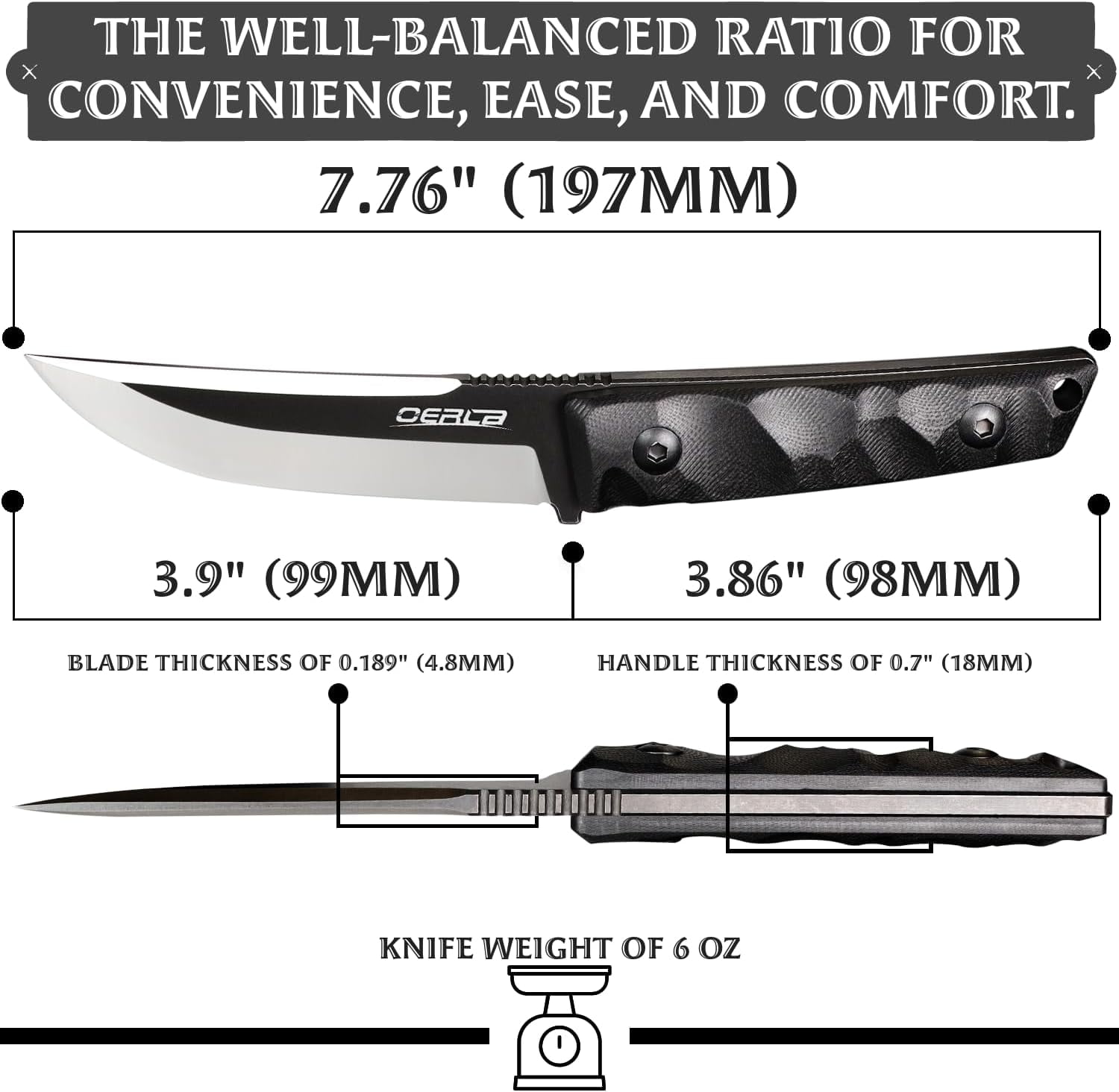 Oerla WS-0018 Tactical Fixed Blade Knife - 3.46in Razor Sharp Edge with Black G10 Handle Duty Belt Clip and Kydex Sheath