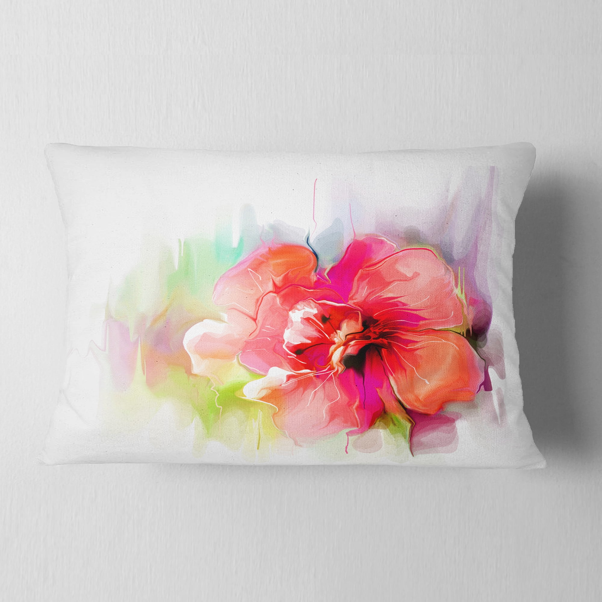 Designart Beautiful Red Floral Watercolor - Floral Throw Pillow - 12x20